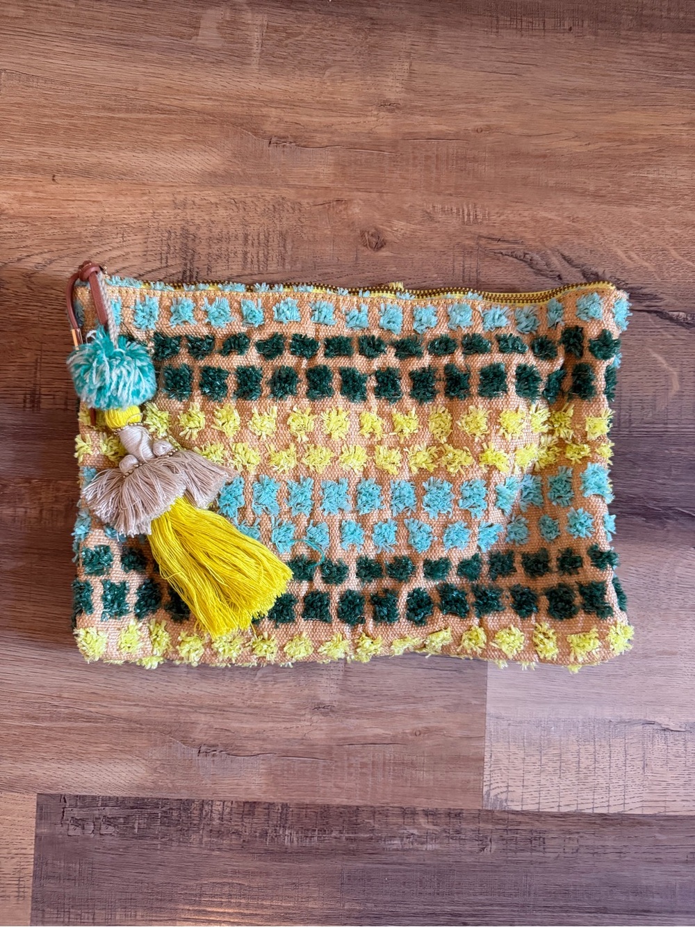 Steven By Steve Madden Yellow, Teal & Green Woven Tassel Clutch
